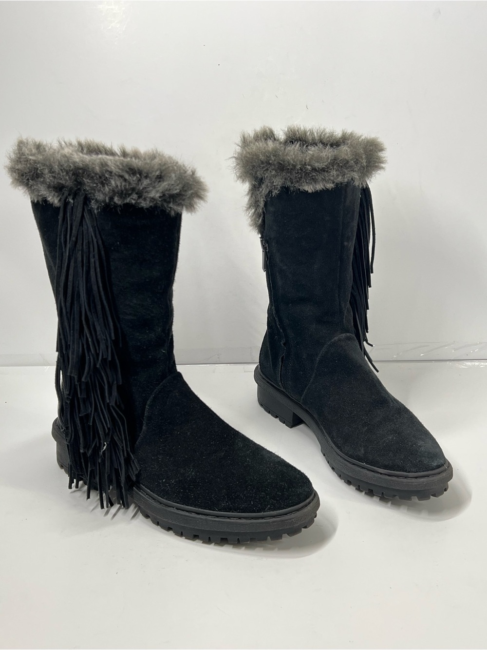 Sam Edelman Black Suede Fringe Faux Fur Mid Calf Boots Lug Sole